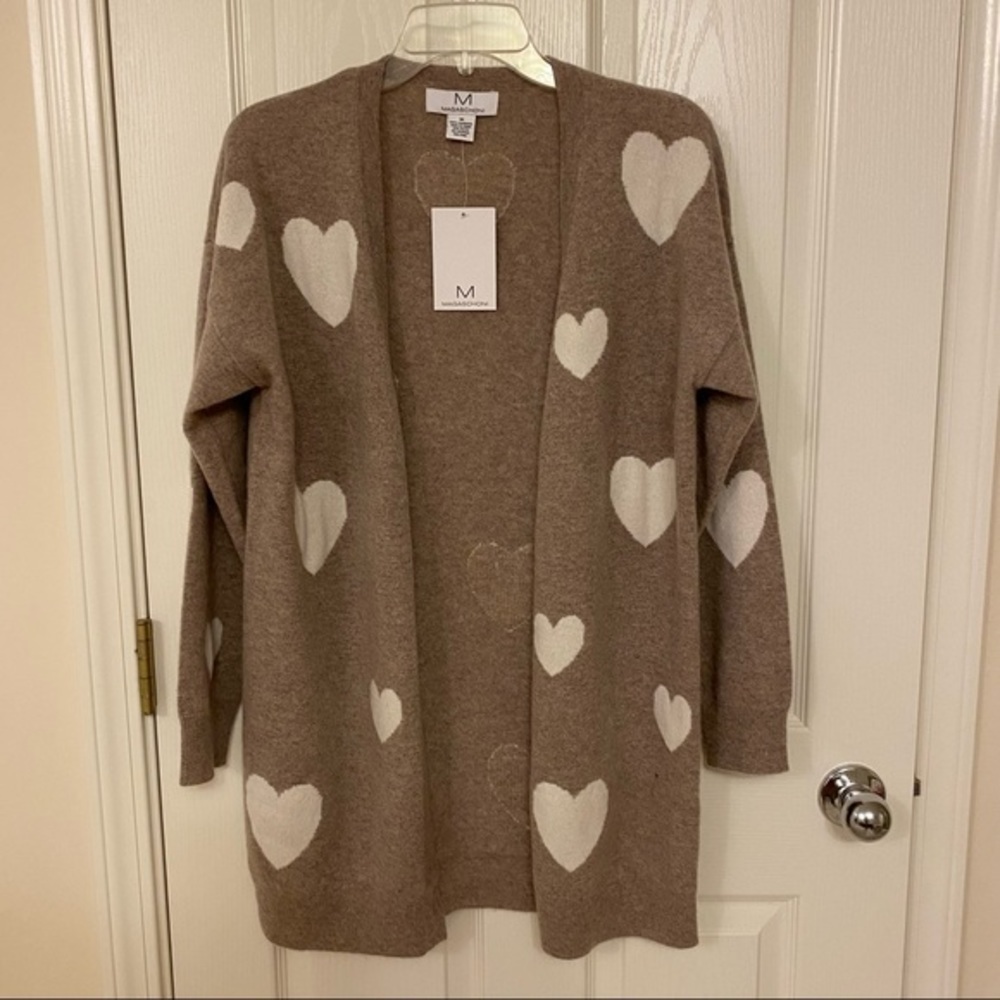 MAGASCHONI Heart Open Front Cashmere Cardigan in Pebble Heather/Frost White Sz M - Picture 3 of 9